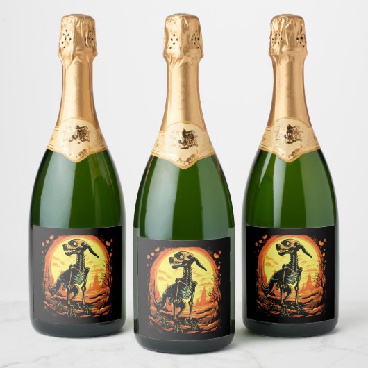 Skeleton Dog Halloween Art Sparkling Wijnetiket (Flessen)