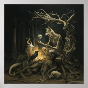 Skeleton Dog Moon Witchy AI Art Matte Waarde Poster