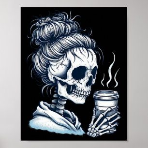Skeleton Drink Koffie Messy Bun Vrouwen Halloween Poster