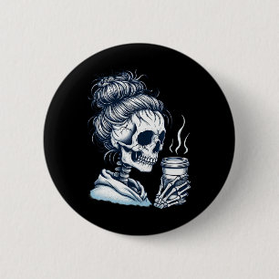 Skeleton Drink Koffie Messy Bun Vrouwen Halloween Ronde Button 5,7 Cm