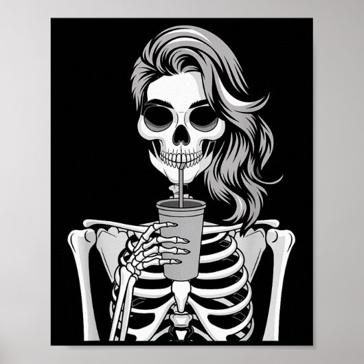 Skeleton Drinking Beverage Monochrome Gothic Hallo Poster (Voorkant)