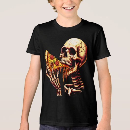 Skeleton Eating Pizza Tri-Blend Shirt (Voorkant)