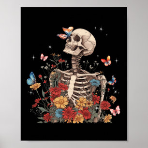 Skeleton Flowers Butterfly Floral Halloween Mannen Poster