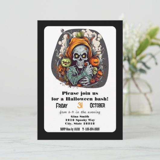 Skeleton Grim Reaper Halloween Bash Party Kaart (Staand voorkant)
