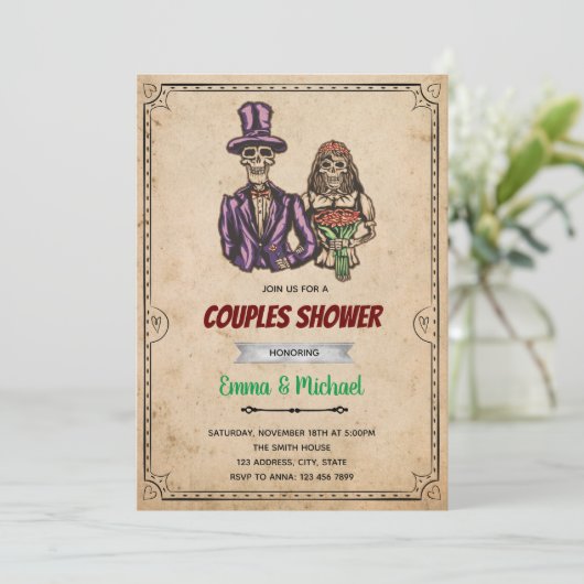 Skeleton halloween bruiloft brudale uitnodiging (Staand voorkant)