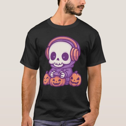Skeleton Halloween Skull Gamer Spooky Pumpkin game T-shirt (Voorkant)