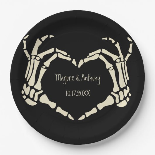 Skeleton Hands Heart Shape Custom Wedding Papieren Bordje (Voorkant)