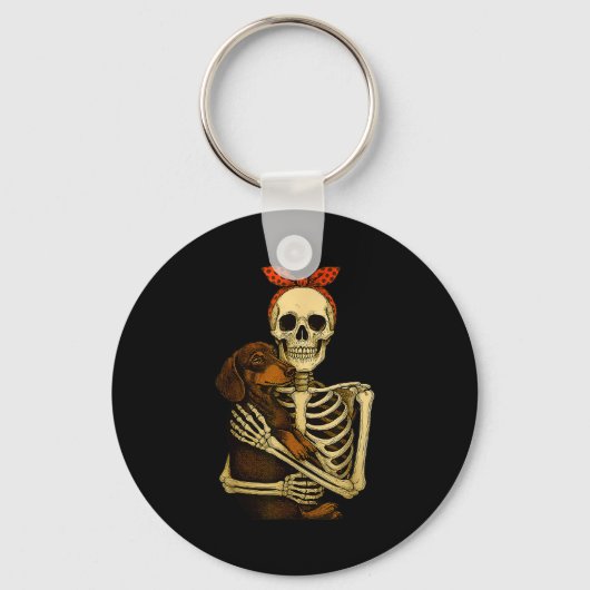 Skeleton Holding Dachshund Dog Funny Lazy Hallowee Sleutelhanger (Voorkant)
