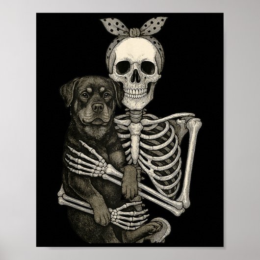 Skeleton Holding Rottweiler Dog Funny Lazy Hallowe Poster (Voorkant)