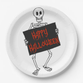 Skeleton Holding Sign Happy Halloween Papieren Bordje