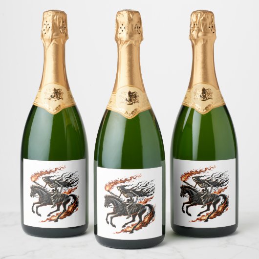 Skeleton Horseman Riding Flaming Horse Sparkling Wijnetiket (Flessen)
