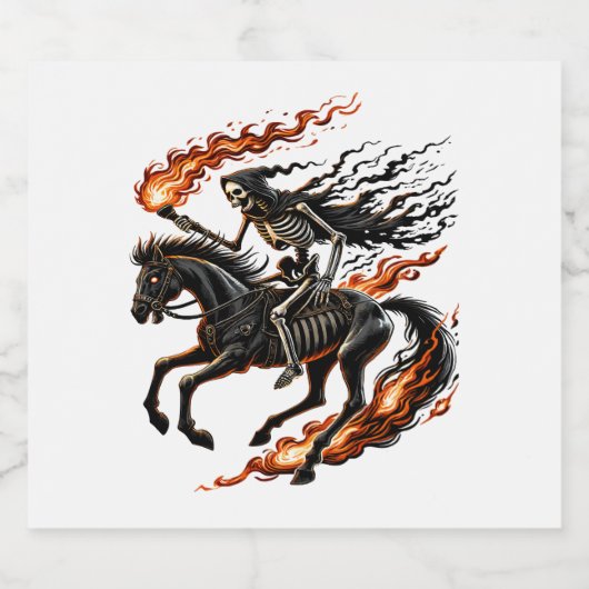 Skeleton Horseman Riding Flaming Horse Sparkling Wijnetiket (Enkel label)