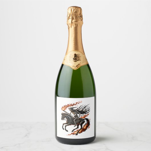 Skeleton Horseman Riding Flaming Horse Sparkling Wijnetiket (Voorkant)