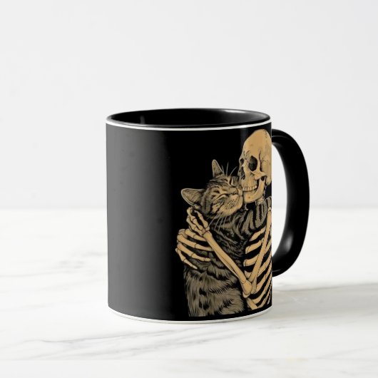 Skeleton Hugging Cat – Cute Gothic Cat Lover Gift Mok (Voorkant rechts)