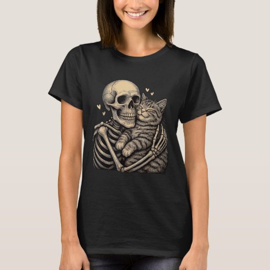 Skeleton Hugging Cat Halloween Shirts Cat Lover Ca (Voorkant)