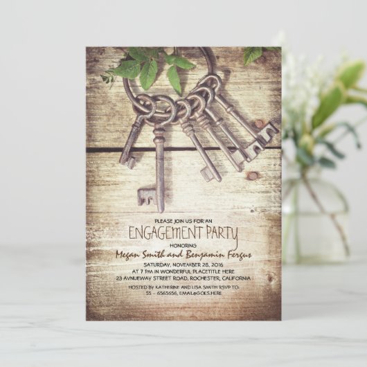 Skeleton Keys Rustic Engagement Party Invitations (Debout devant)