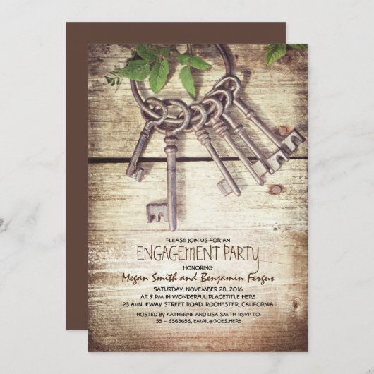 Skeleton Keys Rustic Engagement Party Invitations (Devant / Derrière)