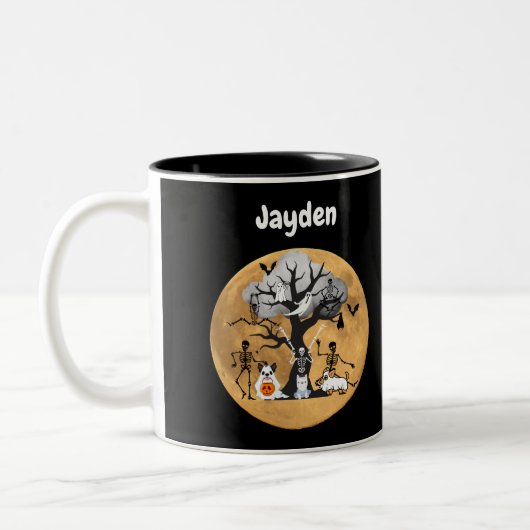 Skeleton loopt hun honden in kostuums tweekleurige koffiemok (Links)