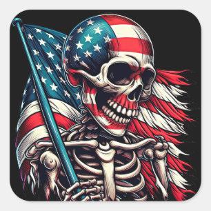 Skeleton Man gehavend Amerikaanse vlag patriottisc Vierkante Sticker