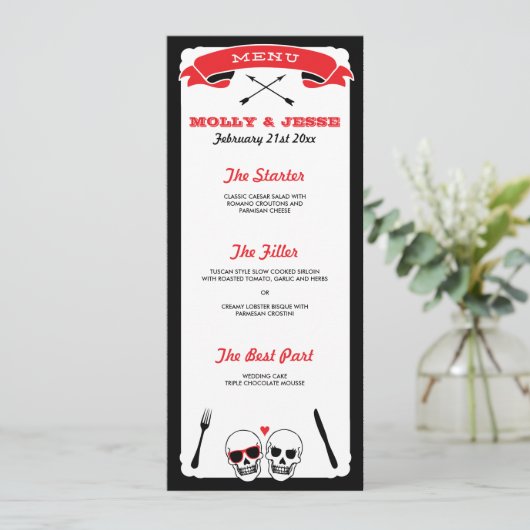 Skeleton Mariage Dinner Menu - Noir et Rouge (Debout devant)