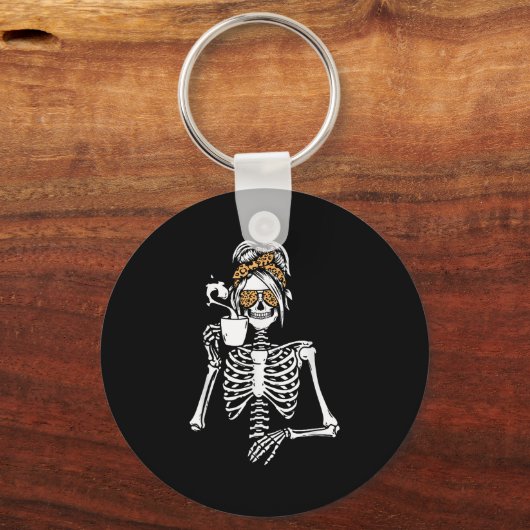 Skeleton Messy Bun Coffee Drinking Halloween Costu Sleutelhanger (Voorkant)