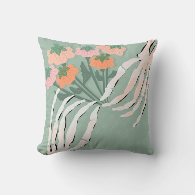 Skeleton met Pumpkin Bouquet Kussen (Voorkant)