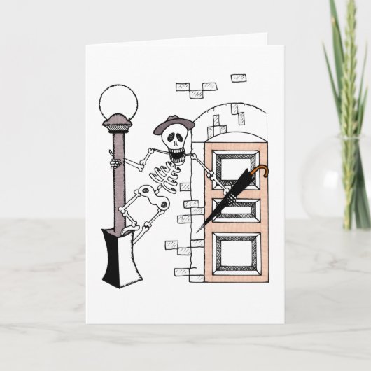 Skeleton Movie Star Zingt in Regen met Umbrella Kaart (Voorkant)