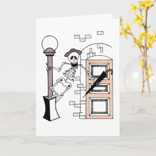 Skeleton Movie Star Zingt in Regen met Umbrella Kaart (Gele Bloem)