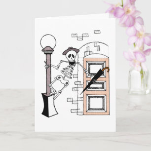 Skeleton Movie Star Zingt in Regen met Umbrella Kaart