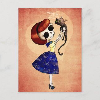 Skeleton Pin-up-meisje met haar kat Briefkaart