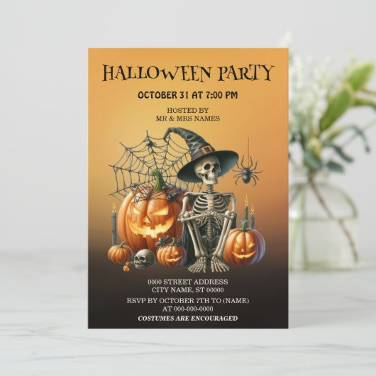 Skeleton pompoenen Halloween Party uitnodiging (Staand voorkant)