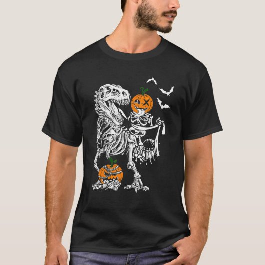Skeleton Pumpkin Riding Art Dinosaur T Rex Hwe T-shirt (Voorkant)