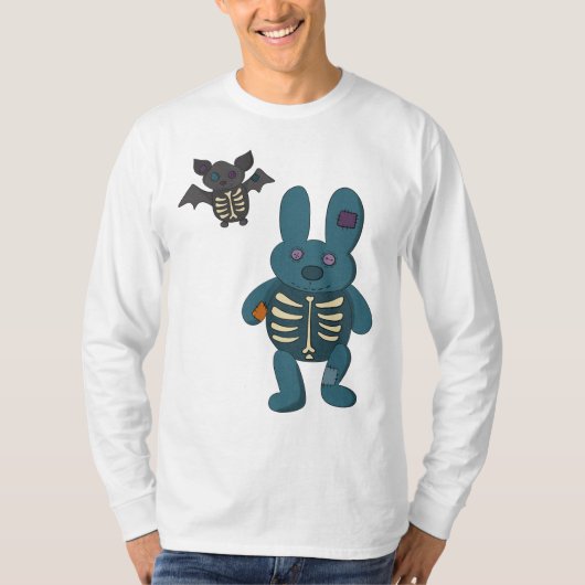 Skeleton Rabbit and Bat Schattige Halloween Graphi T-shirt (Voorkant)