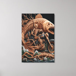 Skeleton reed zijn helikopterfiets over het pad canvas afdruk