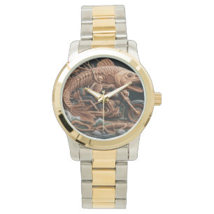Skeleton reed zijn helikopterfiets over het pad horloge
