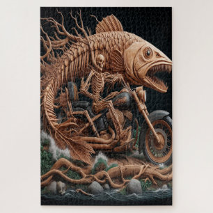 Skeleton reed zijn helikopterfiets over het pad legpuzzel