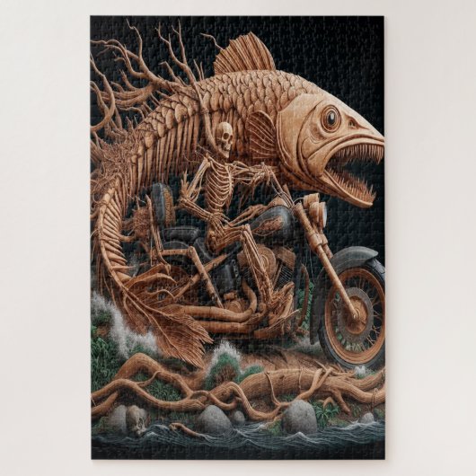 Skeleton reed zijn helikopterfiets over het pad legpuzzel (Verticaal)