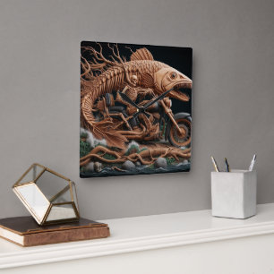 Skeleton reed zijn helikopterfiets over het pad vierkante klok