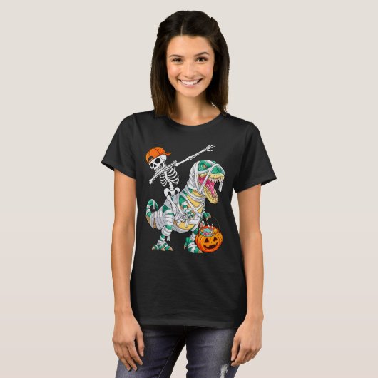 Skeleton Riding Dancing Dab Dinosaur T Rex Hallowe T-shirt (Voorkant volledig)