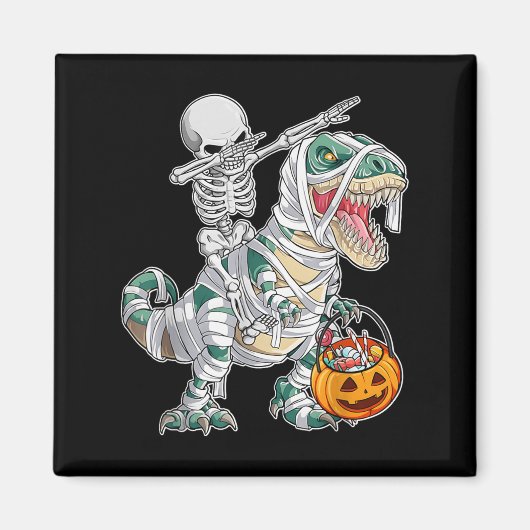 Skeleton Riding Dancing Dab Dinosaur Trex Hallowee Magneet (Voorkant)