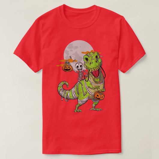Skeleton Riding Mummy Dinosaur Funny Halloween Cos T-shirt (Design voorkant)