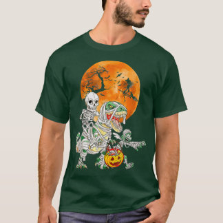 Skeleton Riding Mummy Dinosaur Funny Halloween Pum T-shirt