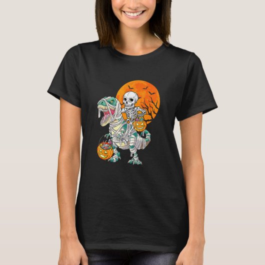 Skeleton Riding Mummy Dinosaur Rex Halloween Pump T-shirt (Voorkant)