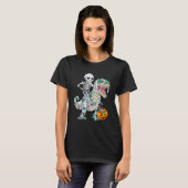 Skeleton Riding Mummy Dinosaur rex Halloween Pump T-shirt (Voorkant volledig)