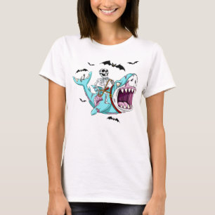 Skeleton Riding Zombie Shark Funny Halloween Gift T-shirt