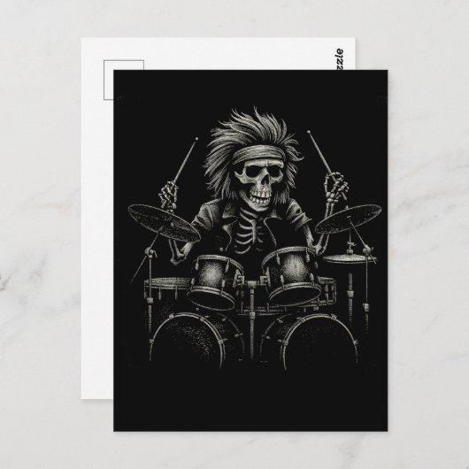 Skeleton Rock Drummer - Spooky Halloween muziek Briefkaart (Voorkant / Achterkant)