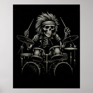 Skeleton Rock Drummer - Spooky Halloween muziek Poster