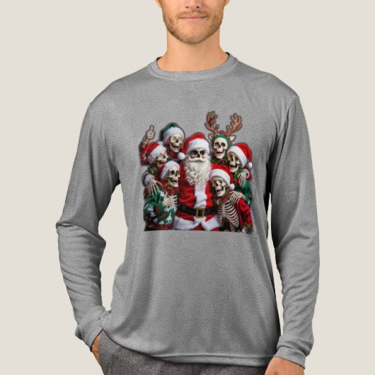 Skeleton Santa Christmas Group Photo – Festive 3D Tri-Blend Shirt (Voorkant volledig)