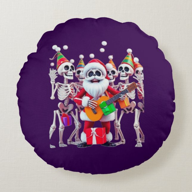 **Skeleton Santa Party – Funny 3D Christmas Skelet Rond Kussen (Voorkant)