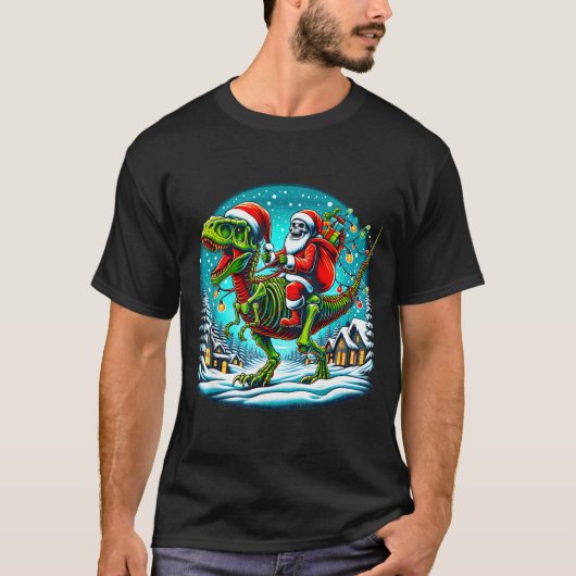 Skeleton Santa Riding T Rex Dinosaur Funny Christm T-shirt (Voorkant)